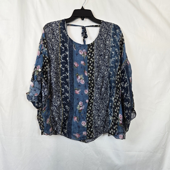 Le Marais Tops - Le Marais Paris Womens Blue Silk Floral Patchwork 3/4 Sleeve Sheer Blouse‎ S New